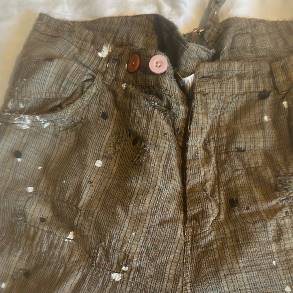 Magnolia Pearl Brown Plaid Pants with Artistic Splatter